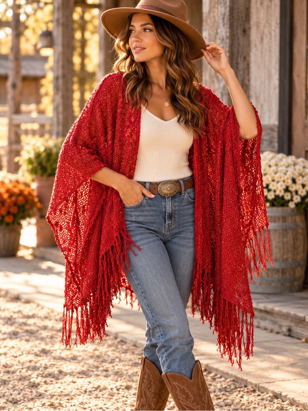 Coldwater Creek Red Fringe Ruana Shawl Wrap Open Knit Boho Western One Size